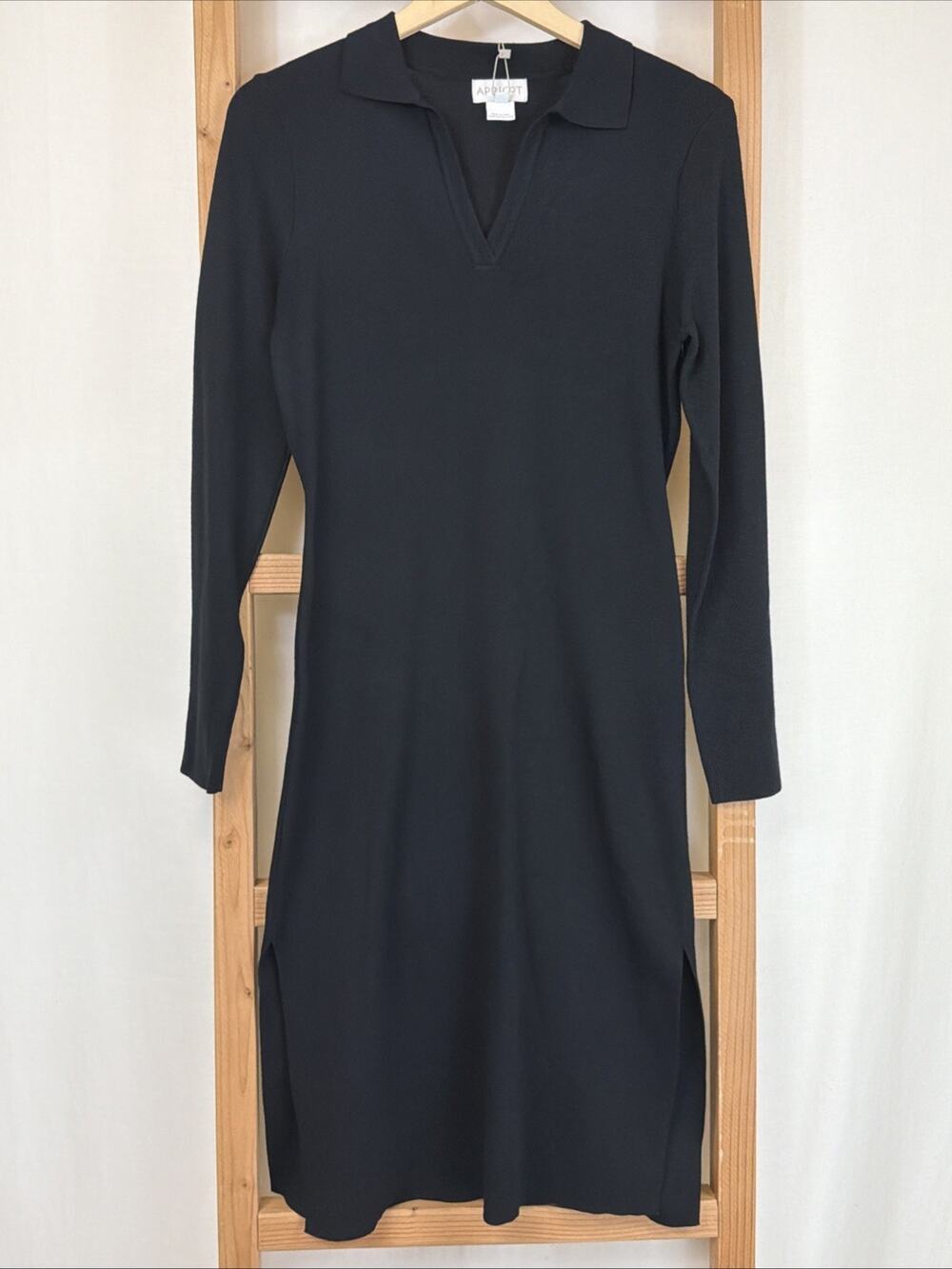 NWT Apricot Black Collared V Neck Ribbed Side Slits Sweater Dress #1411 Size MED